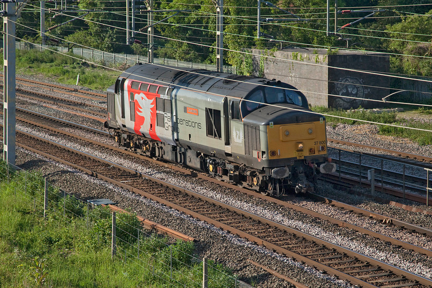 37800, 08.04 Wolverton Centre sidings-Leicester LIP (45E), site of Roade station 
 Having dropped off a Class 455 unit at Wolverton works that it had collected from Stewart's Lane 37800 'Cassiopeia' returns light engine to its Leicester base passing Roade. Whilst I have identified the working as the 08.04 Wolverton Centre sidings to Leicester I have had less success with the reporting number. If anybody can advise I would appreciate it. 
 Keywords: 37800 08.04 Wolverton Centre sidings-Leicester LIP site of Roade station Cassiopeia Rail Operations Group ROG