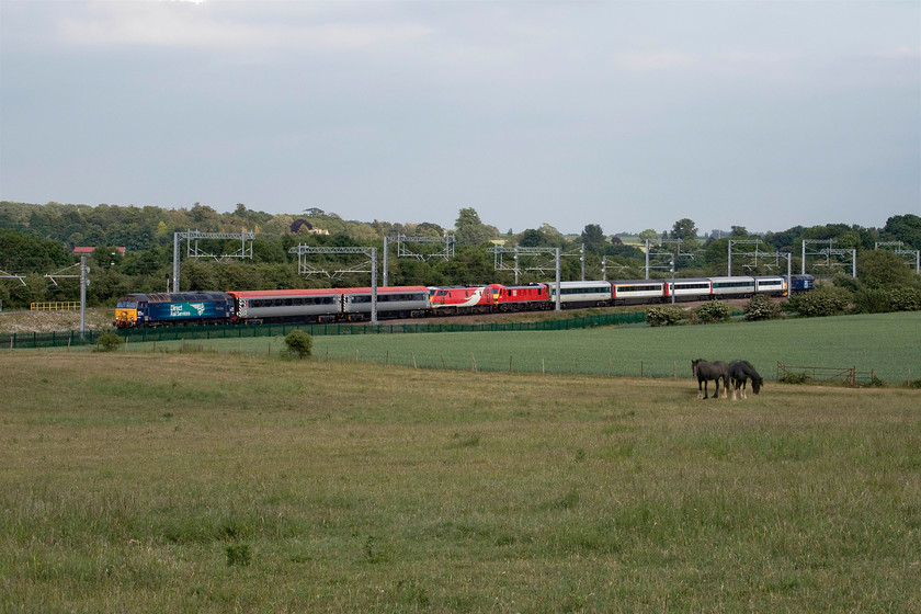 57310, 91128, 90035, 82136 & 47813, 18.53 Bedford-Kettering (3Q66, 14L), Irchester SP927667 
 The ROG/DATS MML overhead line inspection train in its eclectic full glory is seen passing Irchester on the down fast line as the 3Q66 18.53 Bedford to Kettering now running some fifteen minutes late. Whilst the fellow enthusiasts in the previous picture..... https://www.ontheupfast.com/p/21936chg/29180053804/x43257-43307-18-34-london-st-pancras appear to have 'moved' (or cloned in Photoshop parlance!) they have been replaced by two lovely horses that were eating their way around the field as I was waiting for the train! This incredible combination of a train is made up of.....

-57310 'Pride of Cumbria' (DRS)
 -Mk.III 11018 (Ex VWC)
 -Mk.III 12078 (Ex VWC)
 -91128 'Intercity 50' (Ex LNER)
 -90035 (DB)
 -Mk.III 6330 (Ex 125 Group)
 -Mk.III 6338 (Ex GA)
 -Mk.III 6340 (Ex GA)
 -Mk.III 6344 (Ex 125 Group)
 -82136 (Ex GA)
 -47813 'Jack Frost' (DRS) 
 Keywords: 57310 91128 90035 82136 47813 18.53 Bedford-Kettering 3Q66 Irchester SP927667 ROG DATS MML Overhead Line Inspection Train Intercity 50 Pride of Cumbria Jack Frost