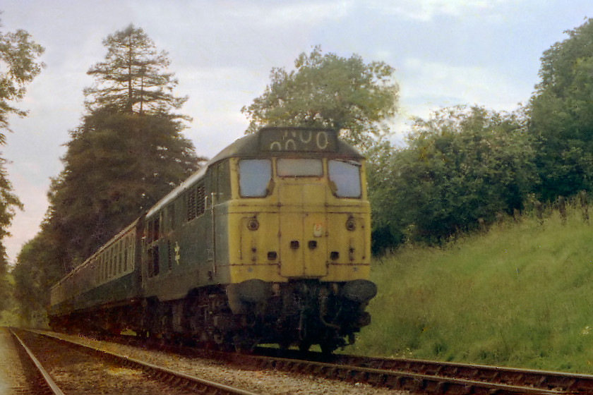 Class 31, unidentified Bristol Temple Meads-Portsmouth Harbour working, Bradford-Avon foot crossing ST820605 
 Another of my low angle shots shows a Class 31 leading a Bristol Temple Meads to Portsmouth Harbour working past one of Bradford-on-Avon's foot crossings. This was a super spot to spend a few hours, quiet and down near to the River Avon. 
 Keywords: Class 31 unidentified Bristol Temple Meads-Portsmouth Harbour working Bradford-on -Avon foot crossing ST820605