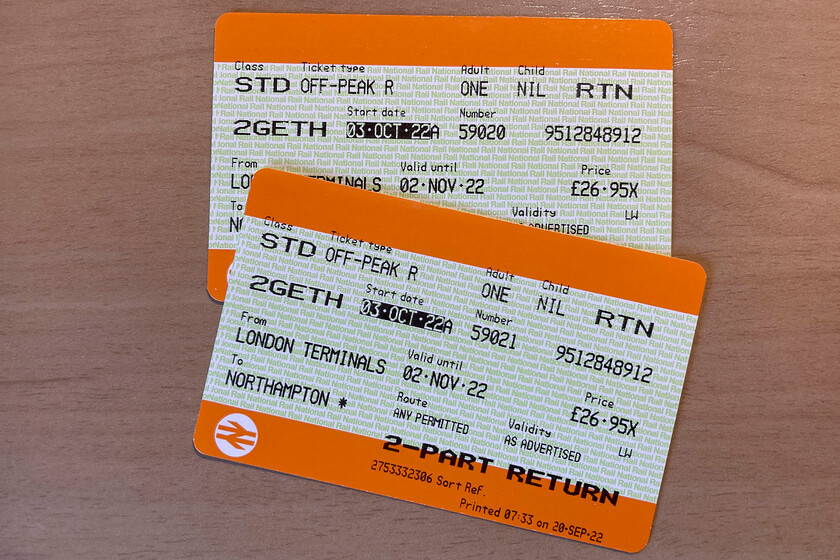 Tickets, London Euston-Northampton 
 The second pair of our return tickets from Euston to Northampton. With our two-together discount, the out and back journey cost us a reasonable 13.50 each way. However, this did not cover the cost of the leg from St. Pancras to Stratford International and back that was covered by tapping in and out contactless. 
 Keywords: Tickets London Euston-Northampton