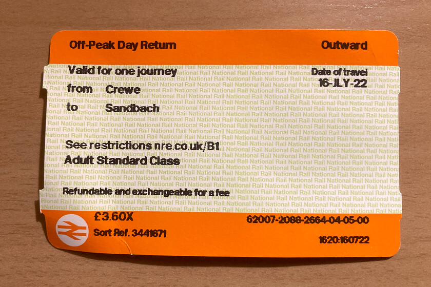 Ticket, Crewe-Sandbach 
 What's this...a ticket to Sandbach from Crewe? This was purchased for the princely sum of 3.50 to act merely as a platform ticket. As I had a ticket for the 17.33 departure from Crewe gateline, staff would not permit me access until the 16.33 had departed, thinking I may try to get on this train instead. As Mike and I had arrived back at the station at 16.15 I did not fancy waiting around until I was allowed on the platform! I took great glee in showing the particular member of staff the valid ticket that permitted me access that she grudgingly did but I still think that she thought I was going to catch the earlier train. It's a shame that passengers need to be treated like this and made to feel guilty about their presence on the station platforms. 
 Keywords: Ticket Crewe-Sandbach