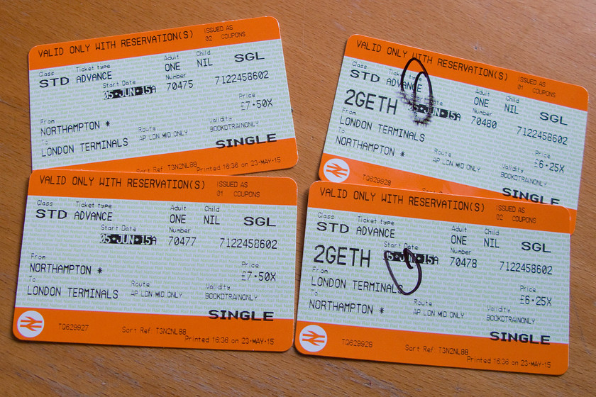 Tickets, Northampton-London Euston-Northampton 
 Our tickets from Northampton to Euston and back again. The cheapest way this time was a pair of singles that were slightly different prices out and back. 
 Keywords: Tickets, Northampton-London Euston-Northampton