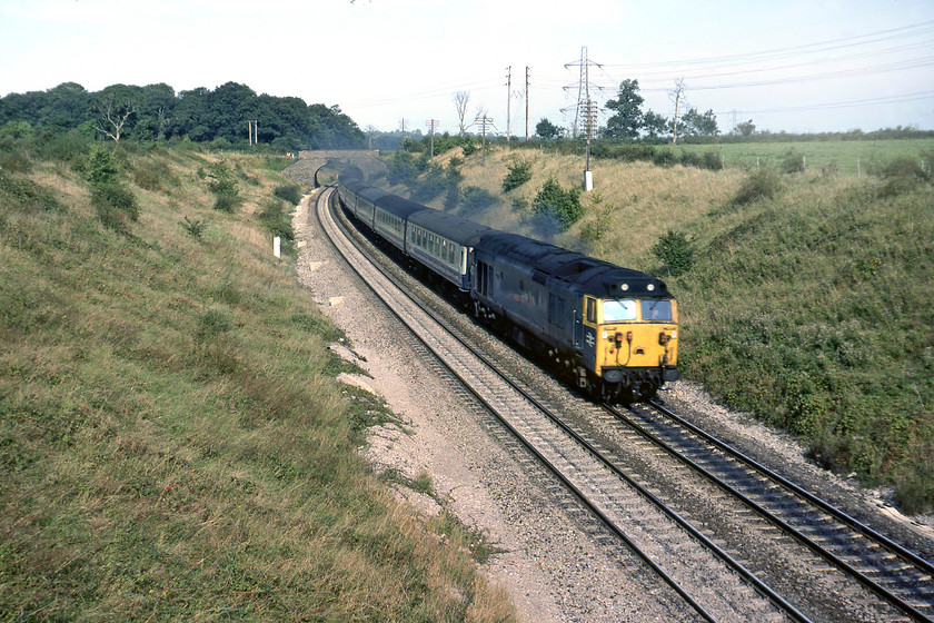 50044, 13.30 London Paddington-Penzance (1B52), Clink Road Junction 
 Having spent a superb September day around Frome, this was my final picture before heading home on my bike. 50044 'Exeter' is approaching Clink Road junction leading the 13.30 Paddington to Penzance. This view is totally unrecognisable today with the embankments covered with trees and houses built to the left. The Frome by-pass cuts through the field to the right running parallel to the line. The only things that still place the scene are the stone bridge in the distance and the transmission pylon. 
 Keywords: 50044 13.30 London Paddington-Penzance 1B52 Clink Road Junction