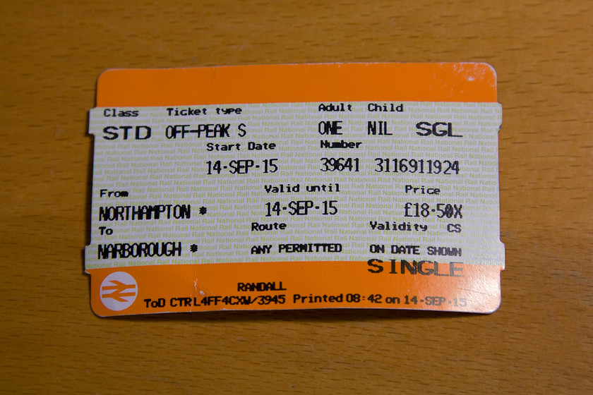 Ticket, Northampton-Narborough 
 My single ticket from Northampton to Narborough. At 18.50 it does seem a little pricy when the direct journey by road (using the M1) is just forty-five miles and takes less than an hour! It is times like this when rail needs to play a canny game if it is ever to attract people away from their cars. 
 Keywords: Ticket Northampton-Narborough