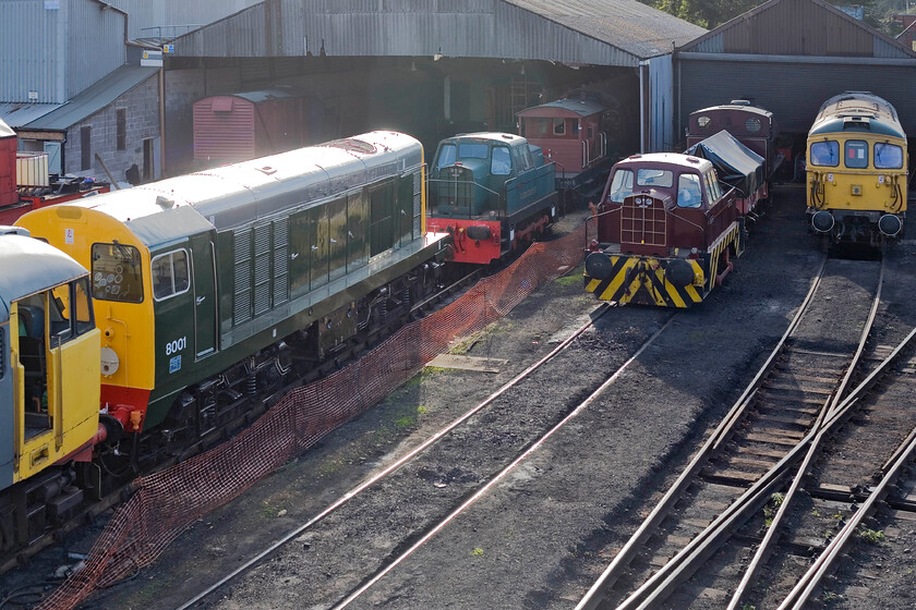 31108, 8001, DL83, Sentinel, no. 22 & 33108, stabled, Wansford Yard 
 An interesting lineup of motive power in Wansford's Yard catches some late afternoon sunshine. 31108 just pokes its nose into the scene to the left with a very smart 8001 in front. Next is a matching pair. (apart from their liveries) of Rolls Royce-powered Sentinal shunters. In green is DL83 which has a fascinating history that is described in incredible detail at .... https://davesrailphots.weebly.com/dl83.html Moving right is the 1964 red liveried (works number) 10202 'Barabel'. This started its life in the Oxfordshire ironstone quarries just north of Banbury. Finally, to the extreme right is 33108 resting between gala services. 
 Keywords: 31108 8001 DL83 Sentinel no. 22 33108 stabled Wansford Yard