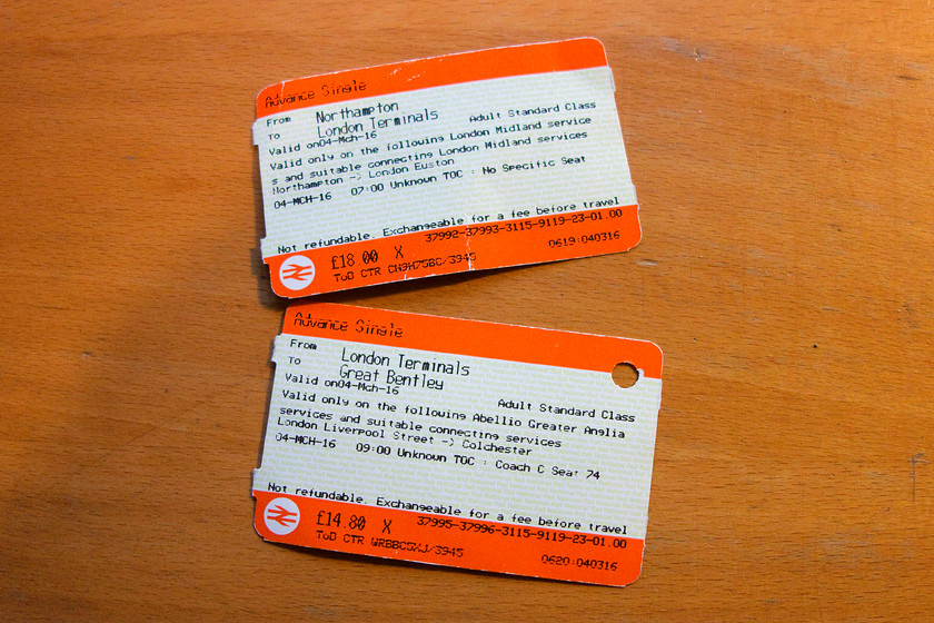 Tickets, Northampton-Great-Bentley 
 My split ticket from Northampton to Great Bentley. At least it covered my journey on the tube from Euston to Liverpool Street.