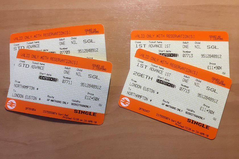 Tickets, Northampton-London Euston-Northampton 
 As was the case a few weeks previously, the cheapest advance fare for the return journey was first class; what a crazy situation! In any case, the journey was no less crowded as the guard declassified it because of excessive over-crowding as should be the case.