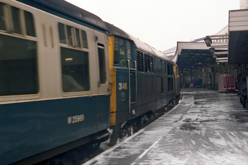 31416 & class 47, unidentified down working, Bristol Temple Meads station 
 Some sort of incident had occurred to cause this event to happen; I suspect that it was weather related! An unidentified class 47 leads 31416 into Bristol Temple Meads with a down service. Another quiet scene at Bristol with no other people present on the platform, not even any other spotters and this was a popular spot with them due to the number of BRUTE trolleys left around due to its proximity to the Royal Mail conveyor. Apologies for the motion blur in this image, the Exa camera was struggling due to its maximum 1/150th shutter speed. 
 Keywords: 31416 class 47 Bristol Temple Meads station