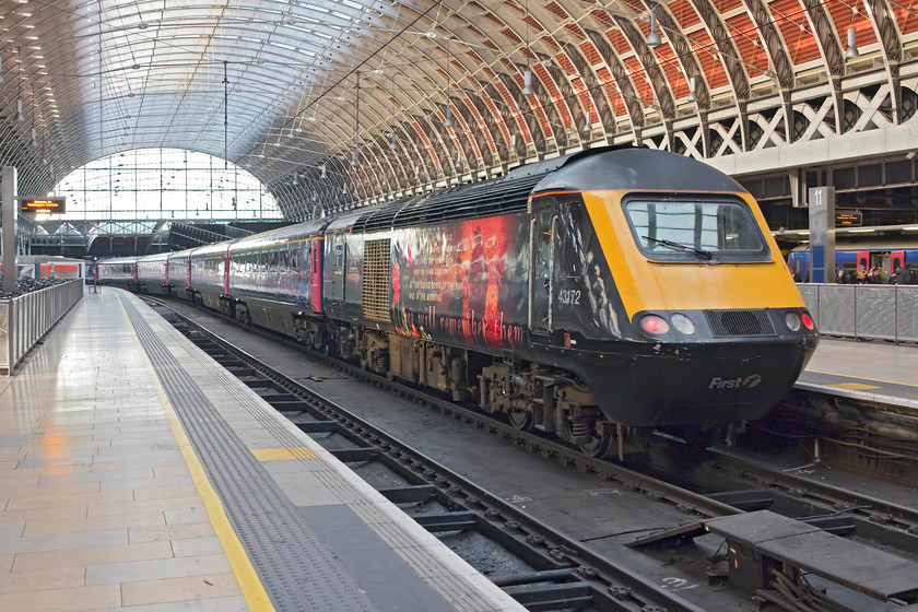 43172, GW 09.18 Paignton-London Paddington (1A15), London Paddington station 
 Adorned with its unique vinyls, 43172 'Harry Patch - The last survivor of the trenches' stands at Paddington's platform eleven with the 09.18 from Paignton. This HST was named at Bristol by Harry Patch's grandson, Roger Patch, last year in 2015 in a short ceremony at Bristol Temple Meads. 
 Keywords: 43172 09.18 Paignton-London Paddington 1A15 London Paddington station