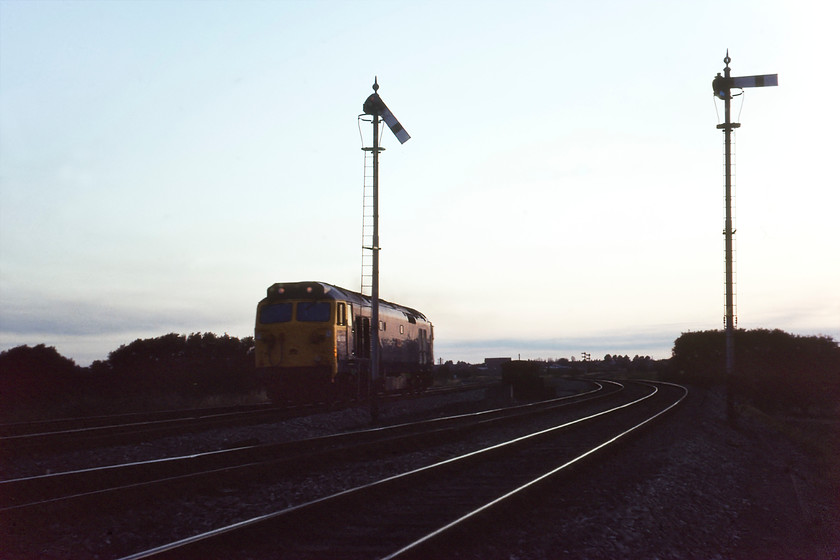 50014, up light engine, Heywood Road Junction 
 This is one of my favourite photographs of this time! With Heywood Road Junction's signal box home signals silhouetted against the evening sky 50014 'Warspite' runs light engine towards London coming off the Westbury avoider line. Looking extremely shiny as though it has just received repaint 50014 was, in fact, the final member of the class to enter Doncaster works for its refurbishment in 1983. Unfortunately, despite the signalman allowing us to stand trackside to take this image from a spot right opposite the box we did not think to ask him the details of this unusual working! 
 Keywords: 50014 up light engine Heywood Road Junction Warspite