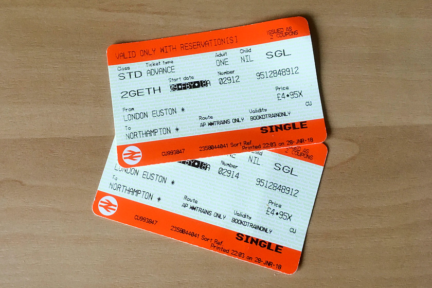 Tickets, London Euston-Northampton 
 Our return tickets from London Euston to Northampton. Less than 10 for my wife and I is good off-peak value. Again, another example of what value for money train travel can be if you choose your journeys carefully.