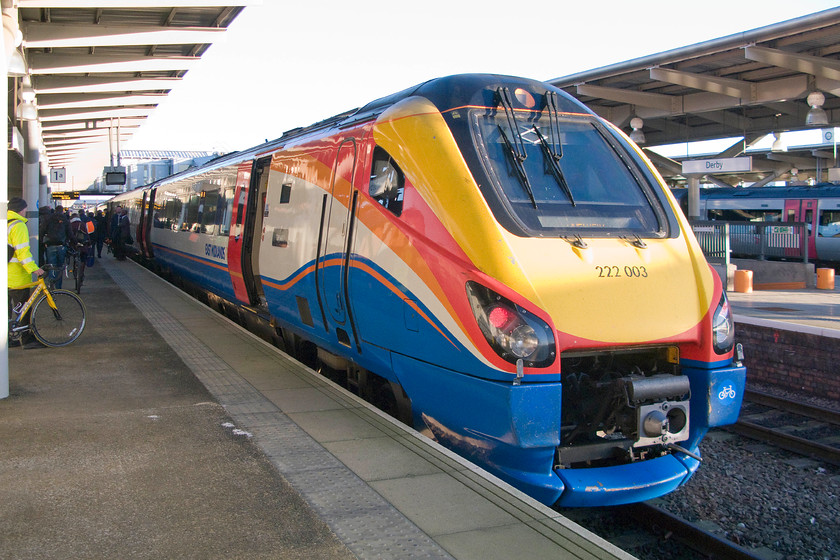 222003, EM 06.32 London St. Pancras-Sheffield (1F05), Derby station 
 This was our train from Wellingborough to Sheffield, the 06.32 St. Pancras to Sheffield worked by 222003 'Tornado'. Much to the concern of my travelling colleague and boss, I alighted here at Derby station in order to get this shot at the station half way through its protracted rebuilding programme. 
 Keywords: 222003 06.32 London St. Pancras-Sheffield 1F05 Derby station