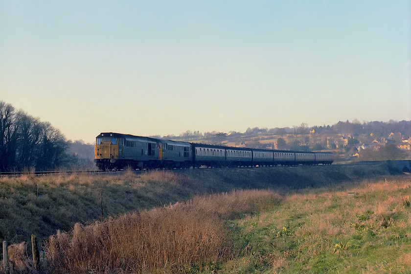 31401 & 31422, 12.08 Bristol Temple Meads-Weymouth, Near Freshford ST797600 
 Double-headed action in the Avon Valley on a Sunday lunchtime! The 12.08 Bristol Temple Meads to Weymouth is lead by 31401 and 31422. The train is seen between Freshford (in the background) and Avoncliff. To my right up at the top of the field is the Kennet and Avon canal and behind the embankment carrying the railway is the River Avon. 
 Keywords: 31401 31422 12.08 Bristol Temple Meads-Weymouth Freshford ST797600