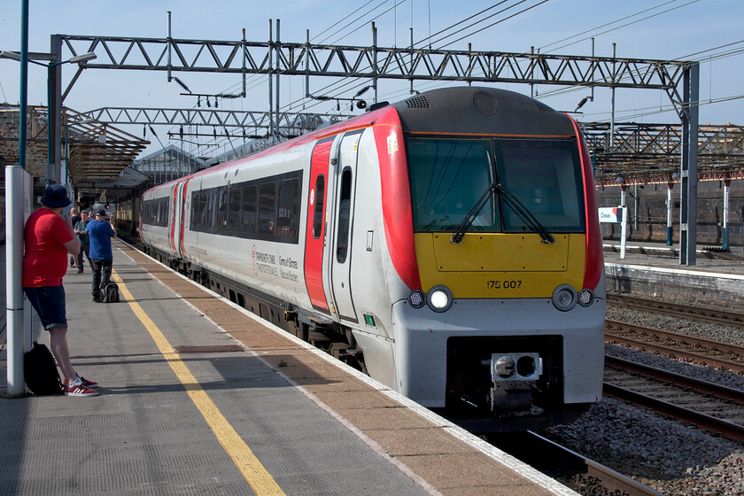 175007, AW 16.31 Manchester Picadilly-Milford Haven (1V54, 1E), Crewe station 
 Transport for Wales' 175007 leaves Crewe station working the 16.31 Manchester Picadilly to Milford Haven service. This inter-regional service takes six hours covering a distance of nearly three hundred miles giving an average speed of fifty-eight miles per hour. 
 Keywords: 175007 16.31 Manchester Picadilly-Milford Haven 1V54 Crewe station TfW Transport for Wales