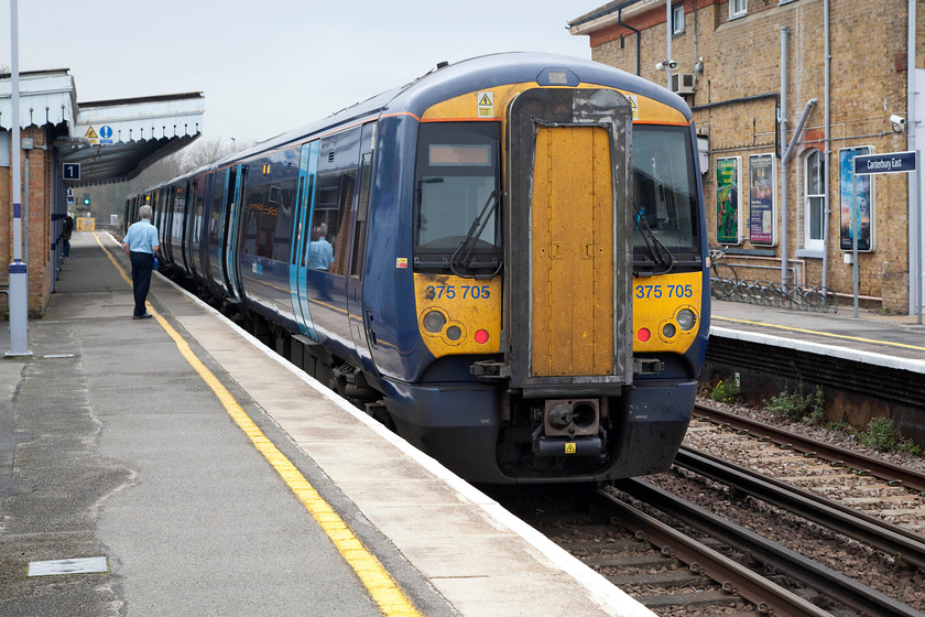 375705, SE 13.20 Dover-London Victoria (1P40, 1L), Canterbury East station 
 The last time I visited Maidstone East was in September 2006. Then, the signal box and mechanical signalling was still in use. Indeed, Network Rail had just installed some brand new signal arms and very shiny too was their bright red enamel! The 375s, as shown here, were is use then but by a different operator. 375705 waits to leave Canterbury East woking the 13.20 Dover to Victorira 1P40 service. 
 Keywords: 375705 1P40 Canterbury East station