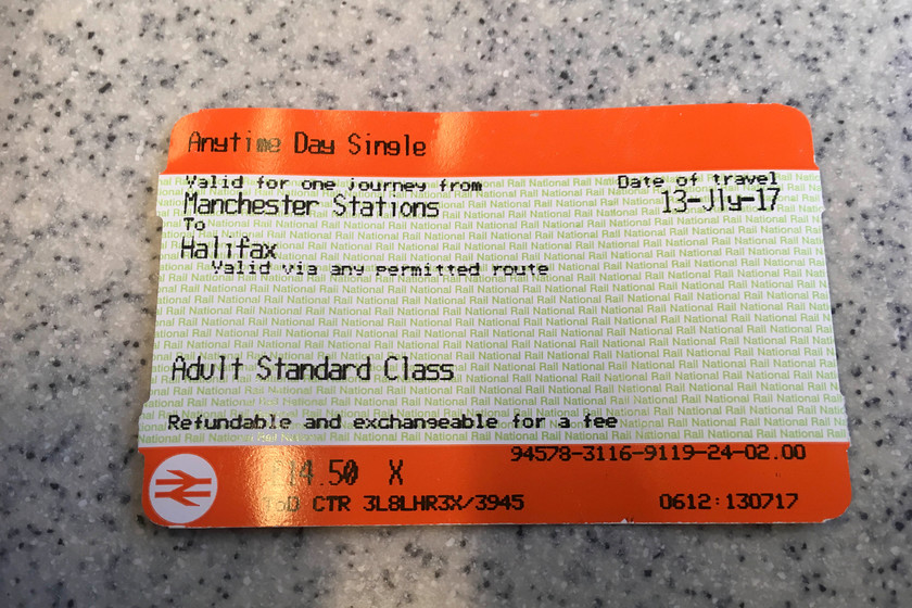 Ticket, Manchester-Halifax 
 The final of the split tickets from Manchester to Halifax (14.50).