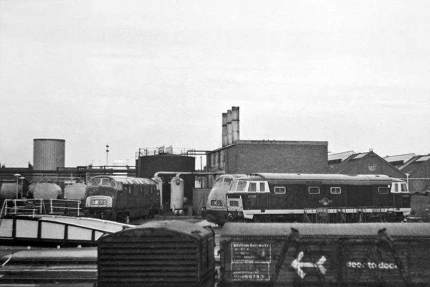 D818, D832 & D7029, on display, Swindon Works turntable 
 A veritable hydraulic gathering around Swindon works' turntable. To the left D818 'Glory' (withdrawn 01.11.72), in the centre D832 'Onslaught' (withdrawn 16.12.72, now preserved on the East Lancashire Railway) and to the right D7029 (withdrawn 28.02.75, now in the care of the DTG at the SVR). Whilst two of these locomotives have made it into preservation D818 was eventually cut up in 1985 after being reduced to a shell and just prior to the clearance of the works in preparation for its tragic closure. Of interest in the foreground is a 'door to door' Conflat A wagon - many hundreds of which were built by Swindon works during the 1950s. 
 Keywords: D818 D832 D7029 on display Swindon Works turntable Hymek Warship Glory Onslaught