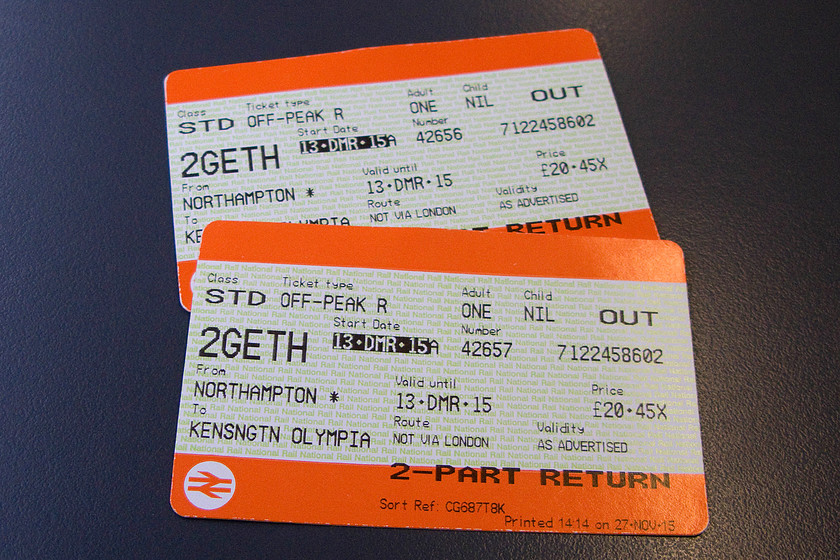 Tickets, Northampton-Kennsington Olympia (Journey terminated at Shepherd's Bush) 
 Our tickets for our journey from Northampton to Kensington Olympia. Unfortunately, something went wrong ahead of us in London and the train was terminated at Shepherd's Bush meaning we had to take a 72 bus to Hammersmith. 
 Keywords: Tickets Northampton-Kennsington Olympia Journey terminated at Shepherd's Bush