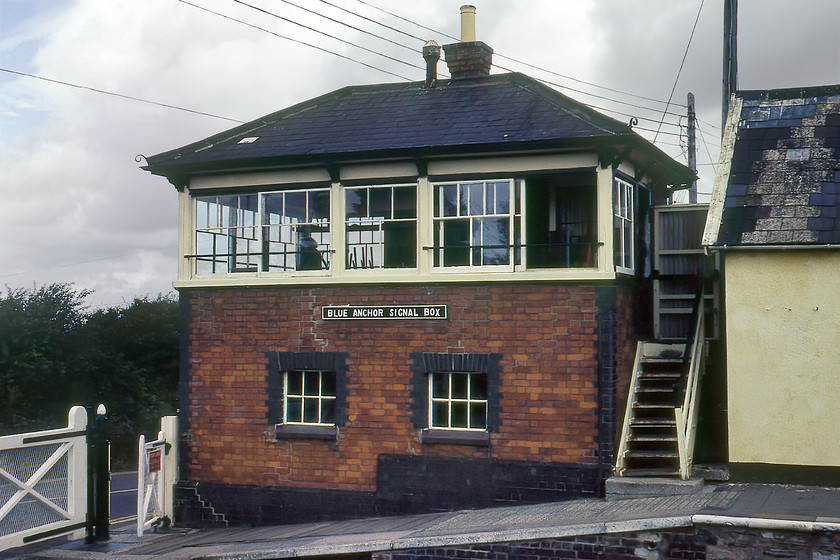 Blue Anchor signal box (GWR, 1904) 
 Blue Anchor signal box was closed by BR in 1971 when the closed the Minehead branch from Taunton in its entirety. However, like much of the line's infrastructure, it remained intact and is now part of the West Somerset Railway. The GW Type 7B box controls the signals and operations around the station including the manual wheel operated level crossing gates. It is not clear in this photograph but the seafront is directly behind the box with just a road separating them. 
 Keywords: Blue Anchor signal box