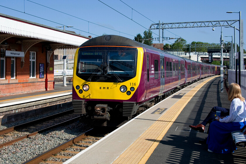 360116, EM 08.39 Corby-London St. Pancras (1H14, RT), Wellingborough station 
 The first of the five trains that we travelled on arrives at Wellingborough station's platform four. We travelled aboard EMR's 360116 working the 08.39 Corby to St. Pancras one station to Bedford. Unbelievably, this was the first time that I have travelled on one of the re-purposed Desiros that EMR acquired from Greater Anglia. 
 Keywords: 360116 08.39 Corby-London St. Pancras 1H14 Wellingborough station