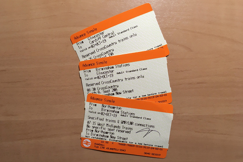 Tickets, Northampton-Cardiff Central 
 Using split ticketing I managed to reduce the costs of the fare from Northampton to Cardiff down to a very reasonable 25, this equates to 16pence/mile. They were advanced tickets (booked three days prior to travel) on booked services, I suspect a walk-on anytime single would be considerably more. 
 Keywords: Tickets Northampton-Cardiff Central