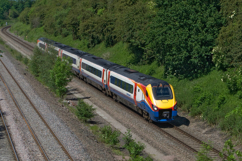 222019, EM 14.16 Corby-London St. Pancras (1P49), Glendon Road bridge SP855815 
 222019 was seen a little earlier on the same track but heading in the other direction. Now it is seen returning working the 14.16 Corby to St. Pancras service from the lofty heights of Glendon Road bridge just north of Kettering. 
 Keywords: 222019 14.16 Corby-London St. Pancras 1P49 Glendon Road bridge SP855815 Class 222 Meridian EMR East Midlands Trains