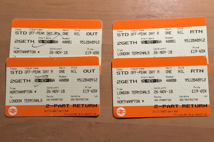 Tickets, Northampton-London-Euston-Northampton 
 Our return tickets from Northampton to Euston. A reasonable advanced off-peak fare. 
 Keywords: Tickets Northampton-London-Euston-Northampton