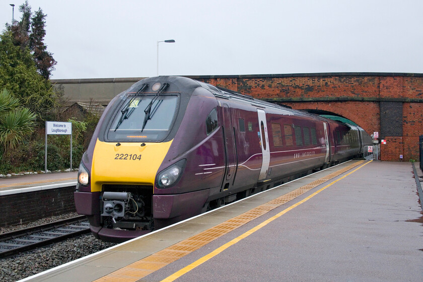 222104, EM 10.05 London St. Pancras-Nottingham (1D26, 1E), Loughborough station 
 222104 arrives at Loughborough station working the 1D26 10.05 St. Pancras to Nottingham EMR service. Loughborough station remains a pleasant station that has been tastefully restored and modernised but the grand new gate line at the southern end of the down platform remained open with no ticket checks taking place, fine for us as enthusiasts to get entry to the platforms but not so good for revenue protection! 
 Keywords: 222104 10.05 London St. Pancras-Nottingham 1D26 Loughborough station EMR Meridian