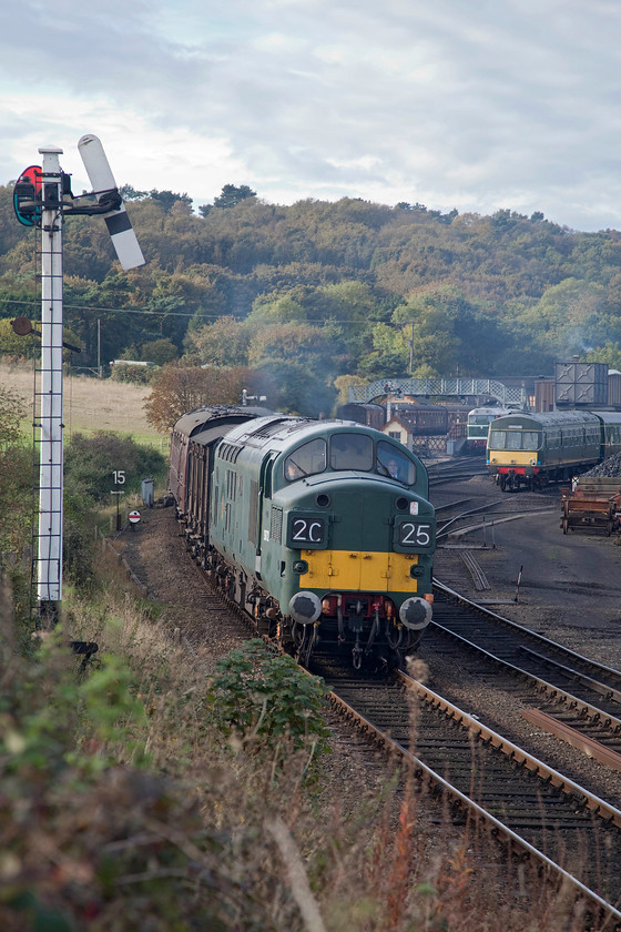 D6723, 10.35 Holt-Sheringham, Weybourne 
 D6723 (37032) leaves Weybourne with the 10.35 Holt to Sheringham. To the right is Weybourne extensive yard and maintenance depot. In the yard is one of the class 101 DMUs and long-term resident D5631. Once again, I love the autumn lighting, and I'm going to say it again, it's got to be the best time of year to take railway images! 
 Keywords: D6723 10.35 Holt-Sheringham Weybourne