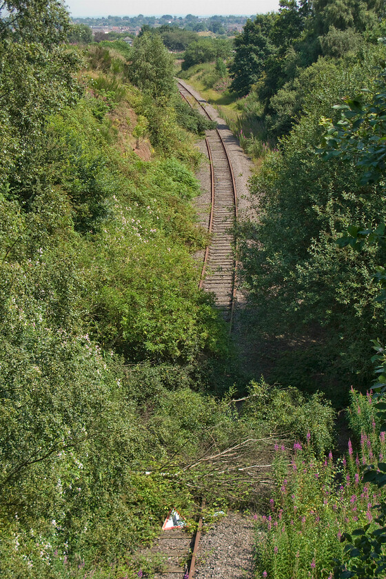 Trackbed looking NE from Wall Lane bridge SK096078 
 The former North Staffordshire Railway is seen in the cutting from Wall Lane bridge between the villages of Pipehill and Wall is looking a little overgrown and appears to be under the infilling process by uprooted trees! Just visible in front of the buildings of Lichfield is the closed and boarded up Fosseway signal box. This bridge and cutting is seen in the following video https://www.youtube.com/watch?v=3XkUnkrl6oU&t=531s at 11m 28s. 
 Keywords: Trackbed looking NE from Wall Lane bridge SK096078 North Staffordshire Railway