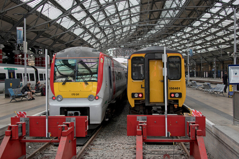 175011, AW 11.36 Liverpool Lime Street-Chester (1B09, 2L) & 156461 NT 11.17 Liverpool Lime Street-Manchester Oxford Road (2O99, RT), Liverpool Lime Street station 
 The arrival of the Class 175s on TFW's Liverpool services represents a step-change for passengers on this route that was launched on 19.05.19. Initially, Class 150s were employed on the trains to Chester and Wrexham offering an alternative to Merseyrail's Wirral route. TFW services are much quicker, in most cases cheaper, their services have toilets as well as offering a direct link to Liverpool's John Lennon airport. They travel via Runcorn, the reinstated Halton Curve towards Frodsham and then Helsby. 175011 waits at Lime Street to work the 1B09 service to Chester. Meanwhile, Northern's 156641 will work the 11.17 to Manchester Oxford Road. 
 Keywords: 175011 11.36 Liverpool Lime Street-Chester 1B09 156461 11.17 Liverpool Lime Street-Manchester Oxford Road 2O99 Liverpool Lime Street station TFW Transport for Wales Northern