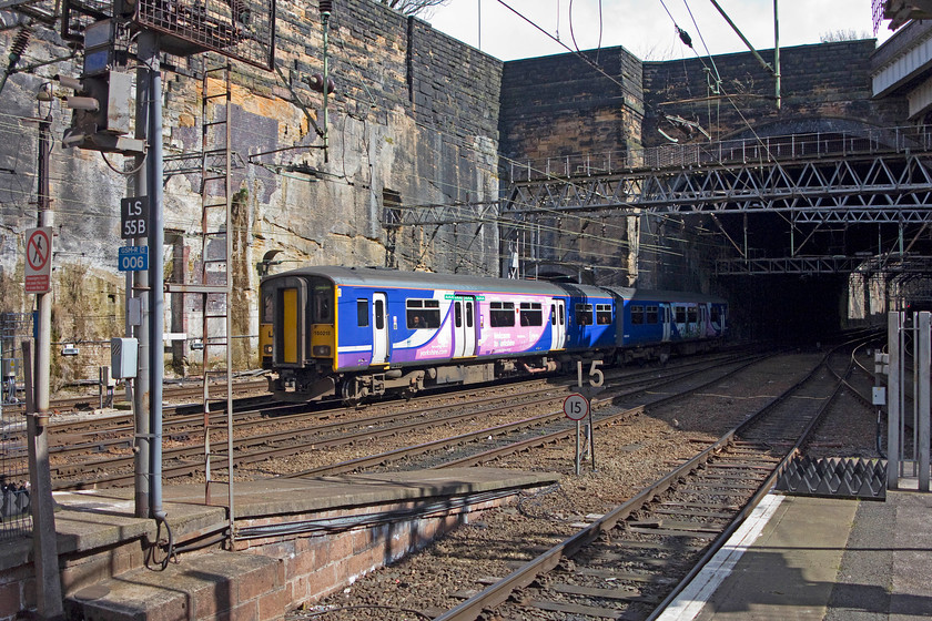 150215, NT 12.16 Manchester Oxford Road-Liverpool Lime Street (2F91), Liverpool Lime Street station 
 As the march of electrification continues throughout the north west, these second generation DMUs are an endangered species. Here, 150215 arrives with the 2F91 12.16 from Manchester Oxford Road. Also, another endangered species is the old 1960s signalling that is due to be swept away in the coming couple of years. 
 Keywords: 150215 12.16 Manchester Oxford Road-Liverpool Lime Street 2F91 Liverpool Lime Street station