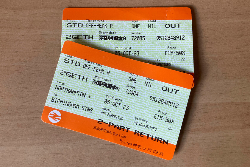 Tickets, Northampton-Birmingham New Street 
 My wife and I paid a very reasonable 30 return for our return trip to Birmingham from Northampton. 7.50 each way is pretty good value when its broken down isn't it really! 
 Keywords: Tickets Northampton-Birmingham New Street