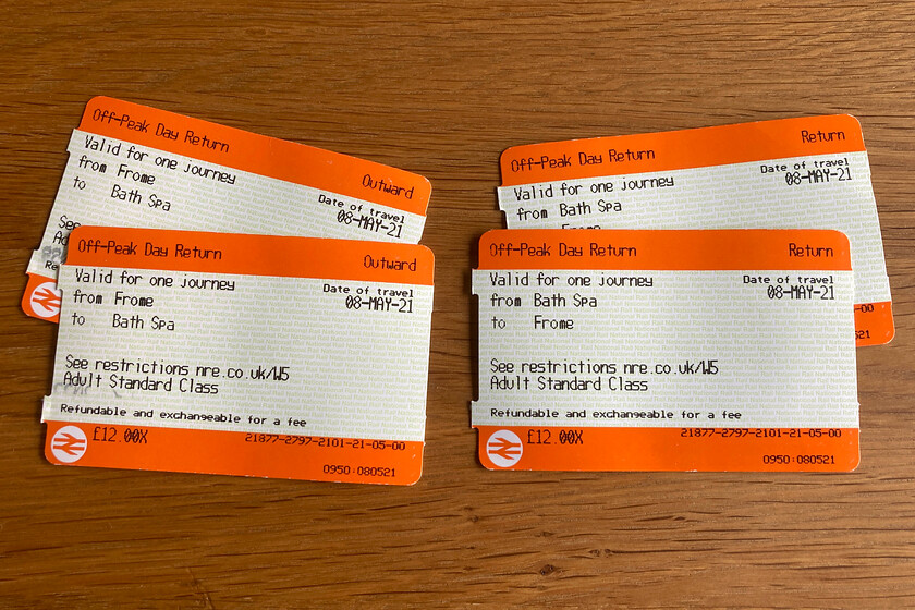 Tickets, Frome-Bath Spa-Frome 
 My wife has just booked us return tickets to Liverpool from Northampton for the grand total of 41. By way of comparison, here are our two return tickets from Frome to Bath for a total of 24! Agreed, the former are advanced tickets and with a railcard but nonetheless, it goes to show what a scandalous rip off some tickets for train travel on our network can be! Just as a back of a fag packet calculation.....

The return Liverpool trip is 16p/mile (8p/mile each) whereas the return to Bath Spa is 55p/mile (25p/mile each)! 
 Keywords: Tickets, Frome-Bath Spa-Frome