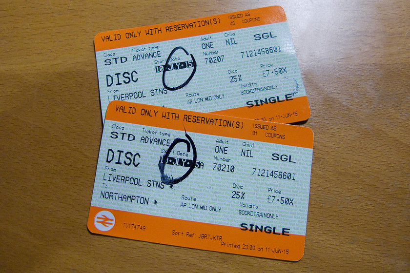 Tickets, Liverpool Lime Street-Northampton 
 The return single fare of 7.50 was the same as our outward fare. Both these represent excellent value being 30 for both of us to get to Liverpool and back. This was not using split ticketing but just with our two together discount loaded. 
 Keywords: Tickets Liverpool Lime Street-Northampton