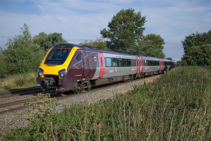 220019, XC 06.37 Nottingham-Bournemouth (1O06), King`s Sutton SP486377 
 CrossCountry's 220109 picks up speed as it approaches King's Sutton working the 06.37 Nottingham to Bournemouth service. Notice the yellow milepost showing eighty-seven miles, in this case, for the Great Western route to London Paddington via Oxford and Didcot. 
 Keywords: 221019 06.37 Nottingham-Bournemouth 1O06 KIng`s Sutton SP486377 CrossCountry Voager