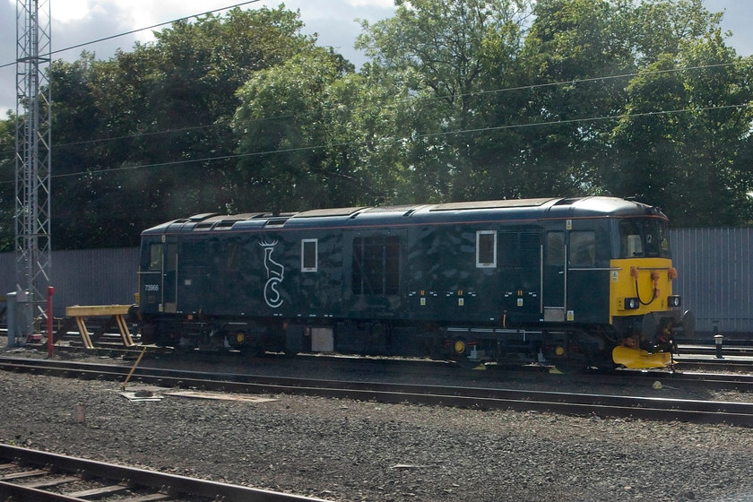 73966 stabled, Craigentinny MPD 
 My first view of one of Caledonian Sleeper's new and rebuilt class 73 locomotives. These veteran machines were completely rebuilt by Brush at Loughborough with all their previous DC electrical equipment removed and a new Cummins diesel engine installed. Caledonian Sleeper have invested in these locomotives so they can replace the class 37s and the class 67s that they uses to haul their services away from the wires to Fort William, Inverness and Aberdeen. They are currently undergoing testing on these lines. In between its testing, 73966 sits stabled at Craigentinny depot. 
 Keywords: 73966 stabled, Craigentinny MPD