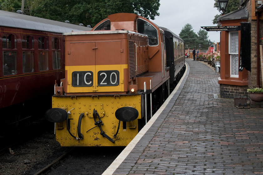 D9551, 10.00 Bridgnorth-Kidderminster, Arley station 
 The second train of our visit to the Severn Valley's diesel gala arrives at Arley station. Class 14 D9551 is leading the 10.00 Bridgnorth to Kidderminster train that we took the short distance back to Bewdley. The Class 17s were built at Swindon and were actually a good design despite them having non-standard hydraulic transmission (as was deemed later by BR). The problem was that they were built for work that had largely gone from the railways by the end of the 1960s hence they were rendered redundant. Nearly all found work on industrial lines and survived into the 1980s, many years longer than they worked on the national network! No fewer than nineteen of the fifty-six built have been preserved with this example in the care of the Severn Valley Railway Class 14 Company Ltd following its working life at Corby steelworks coming to an end in 1981. 
 Keywords: D9551 10.00 Bridgnorth-Kidderminster Arley station Teddy Bear