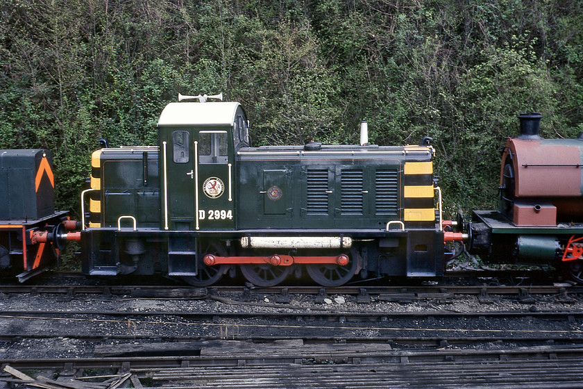 D2994 (ex 07010), stabled. Ropley Yard 
 D2994 (formerly 07010) looks very smart standing in Ropley Yard on the Mid-Hants Railway. I am not absolutely sure why it was here as I can only find information about this former British Railways shunter being on the West Somerset Railway and at its present and long term home on the Avon Valley Railway to the east of Bristol. When this photograph was taken in 1980 the shunter, built for work in and around Southampton docks, was only eighteen years old being introduced in 1962 and withdrawn in October 1976 from Bournemouth depot. 
 Keywords: D2994 07010 stabled. Ropley Yard