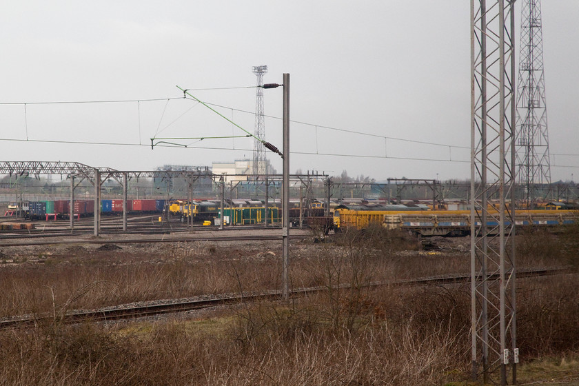 Class 66s, stabled, Crewe Basford Hall Yard 
 Taken from our Pendolino as we slowed for the stop at Crewe, we see a number of class 66s stabled in the confines of the expansive Basford Hall yard. A shame that the locomotives are not any nearer so that numbers could be collected. 
 Keywords: Basford Hall Yard