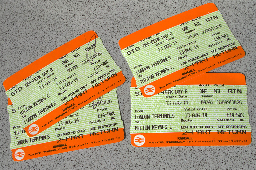 Tickets, Milton Keynes Central-London Euston-Milton Keynes Central 
 Our return tickets from Milton Keynes to Euston. At just under 15 each (with our two together discount) this was a pretty cheap afternoon and evening to and from London. 
 Keywords: Tickets Milton Keynes Central-London Euston-Milton Keynes Central