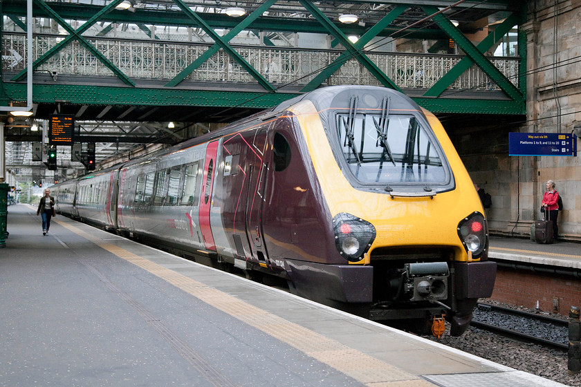 221134, XC 10.08 Edinburgh Waverley-Plymouth (1V58), Edinburgh Waverley station 
 Super Voyager 221134 leaves Edinburgh Waverley station's platform seven working the CrossCountry 10.08 to Plymouth. I have said it before, but I am not sure that I would want to do to much of this journey in one of these noisy, cramped and uncomfortable units that really are not suitable for long-distance journeys. 
 Keywords: 221134 10.08 Edinburgh Waverley-Plymouth 1V58 Edinburgh Waverley station