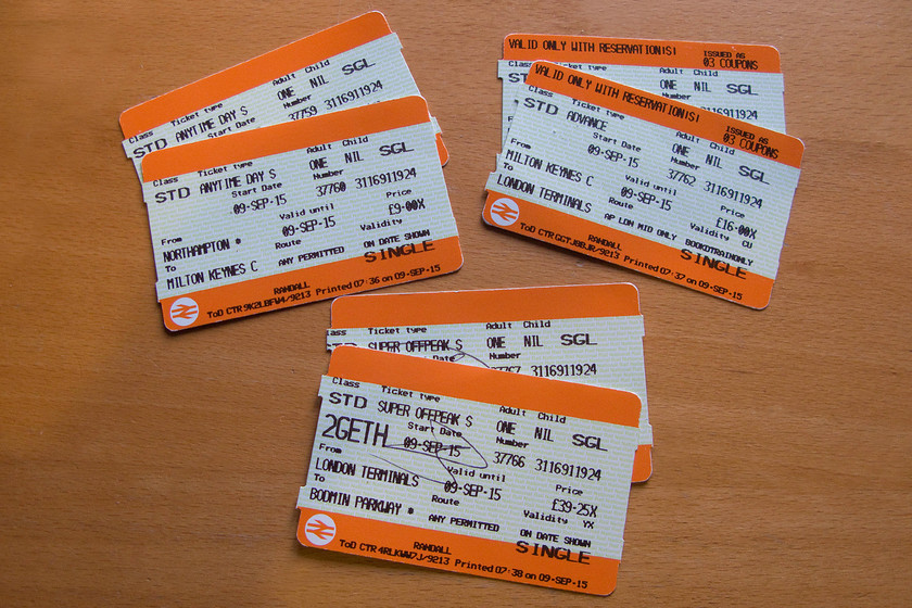 Tickets, Northampton-Bodmin Parkway 
 Our tickets from Northampton to Bodmin Parkway via London were pretty good value at 65 each (with our two together discount loaded). I thoroughly enjoyed the journey as most of it was on a comfortable and roomy HST. I sincerely hope that whatever replaces these fine trains in the coming years are as good! 
 Keywords: Tickets, Northampton-Bodmin Parkway