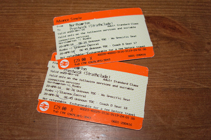 Tickets, Northampton-Prestwick Town 
 Our tickets from Northampton to Prestwick Town. Less that 60 is pretty good value in anybody's books!