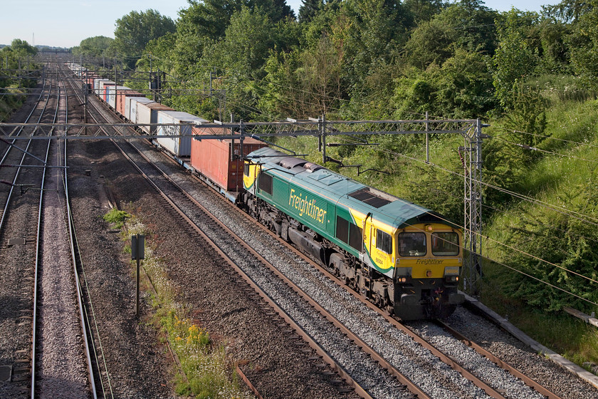 66504, 05.28 London Gateway-Lawley Street FLT, on the down fast, Victoria Bridge 
 Some fifteen minutes after control let the Felixstowe to Garston Freightliner through to Weedon line to Rugby they allowed 66504 to take the 05.28 London Gateway to Lawley Street through. This happened as the usual route was closed between Northampton and Rugby due to an emergency. The Weedon line was now full to bursting with workings mostly running on cautions and creeping along behind the freights with their 70mph maximum speed. A generally difficult few hours for signallers, control, operators, staff and, most of all, passengers! 
 Keywords: 66504 05.28 London Gateway-Lawley Street FLT Victoria Bridge