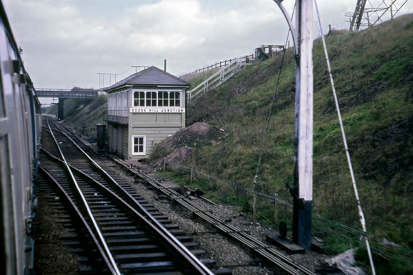 Goose Hill Junction Signal Box (Mid, 1891) 
 Our train has now re-joined the mainline from Wakefield to Burton Salmon Junction at Goose Hill Junction. The box is a Midland Type 2a structure dating from 1891 and in this image it is still wearing its Midland Railway Company wooden nameboard. The box survived until October 1988 with control moving to Wakefield. Up until recently, photographs reveal the base of the box still extant but I did not investigate this during my last visit to the area in February 2018 in the midst of the 'Beast from the East' weather event! 
 Keywords: Goose Hill Junction Signal Box Midland Railway