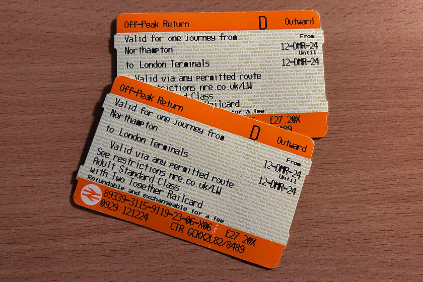 Tickets, Northampton-London Euston 
 Our outward tickets for our trip to London. Prices have crept up again now, just over 27 return with our Two-Together discount loaded. In the New Year, they will rise once again as they have been little by little. 
 Keywords: Tickets, Northampton-London Euston