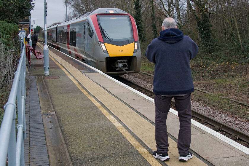 755338, GA 12.06 Lowestoft-Ipswich (2D81, 1E), Melton station 
 Andy captures 755338 arriving at Melton station on the East Suffolk LIne working the 2D81 12.06 Lowestoft to Ipswich Greater Anglia service. This was the second of two stations that Andy required, along with Wickham Market, meaning that all in Suffolk had been visited and recorded by him. 
 Keywords: 755338 12.06 Lowestoft-Ipswich 2D81 Melton station Greater Anglia FLIRT