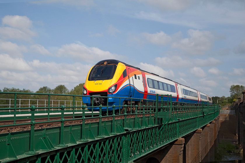 222102, EM 08.49 Sheffield-London St. Pancras (1C27, 6L), Sharnbrook Viaduct 
 Former Hull Trains 222102 crosses Sharnbrook Viaduct forming the 08.49 Sheffield to London St. Pancras. I want no complaints about my position here taking this picture, it was all quite legal standing at the top of a steep grassy bank that rose from below. I was leaning against the usual fencing that prevented any further progress on the viaducts or running lines. 
 Keywords: 222102 1C27 Sharnbrook Viaduct