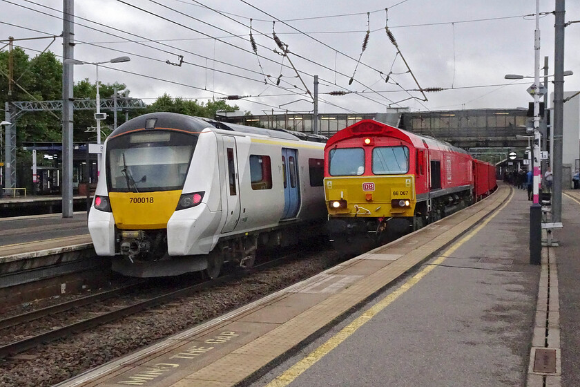 700018, TL 07.34 Bedford-Three Bridges (9R07, 3L) & 66067, 02.00 Peak Forest-Limbury Road (6C76, 9L), Bedford station 
 Whilst 700018 waits to leave Bedford with the 07.34 returning service to Three Bridges 66067 brightens up a dull morning as it passes at speed leading the 6C76 02.00 Peak Forest to Limbury Road loaded stone train. Limbury Road is another of the virtual quarries that operate around the network to locally handle stone that is supplying infrastructure projects. Limbury Road is located just south of Leagrave station and operates very similarly to Northampton's 'quarry' that is supplying aggregates to HS2. 
 Keywords: 700018 05.14 Three Bridges-Bedford 9R02 66067 02.00 Peak Forest-Limbury Road 6C76 Bedford station